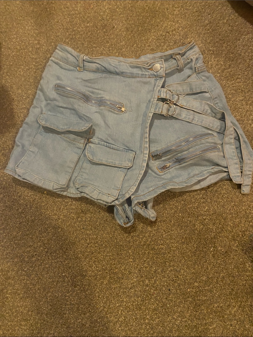 Rainbow Light Blue Denim Utility Jean skort (shorts+skirt) with Buckle Straps